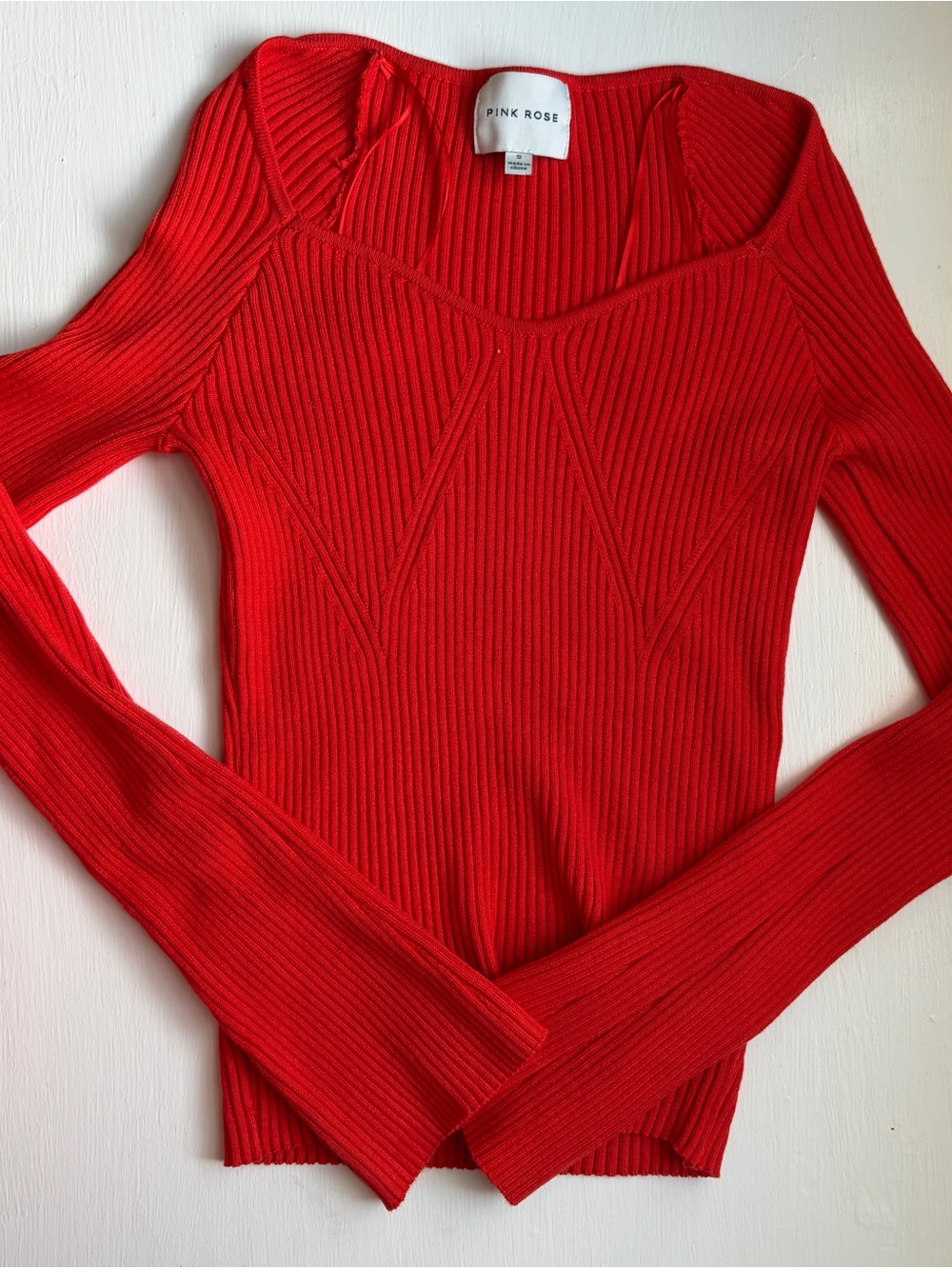 Pink Rose Red Ribbed Scoop-Neck Sweater